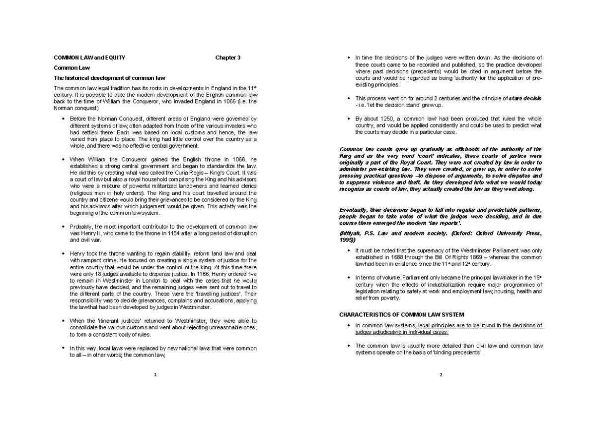 COMMON LAW and EQUITY Chapter 3: Historical Development and Principles ...
