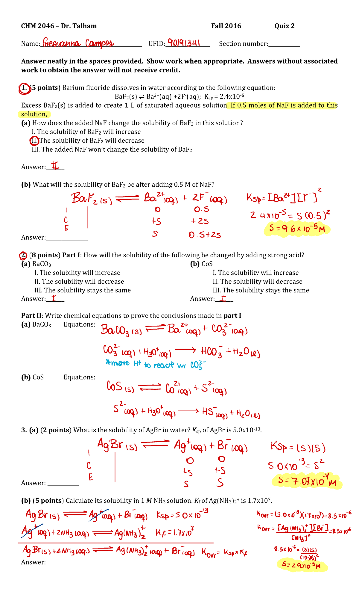Practice quiz 2 CHM2046 - CHM 2046 – Dr. Talham Fall 2016 Quiz 2 - Studocu