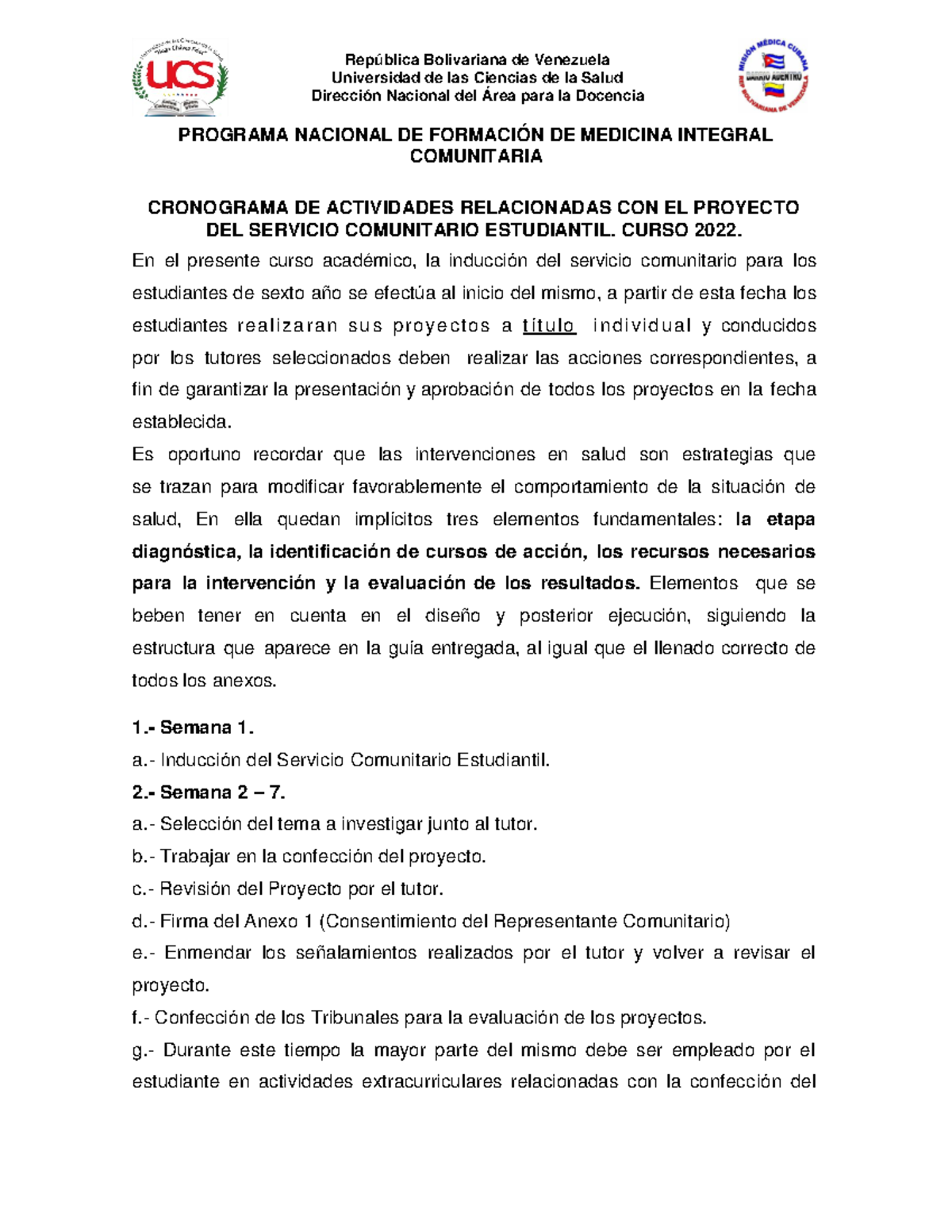 Cronograma Actividades Proyecto SCE 2022 - Medicina Integral ...
