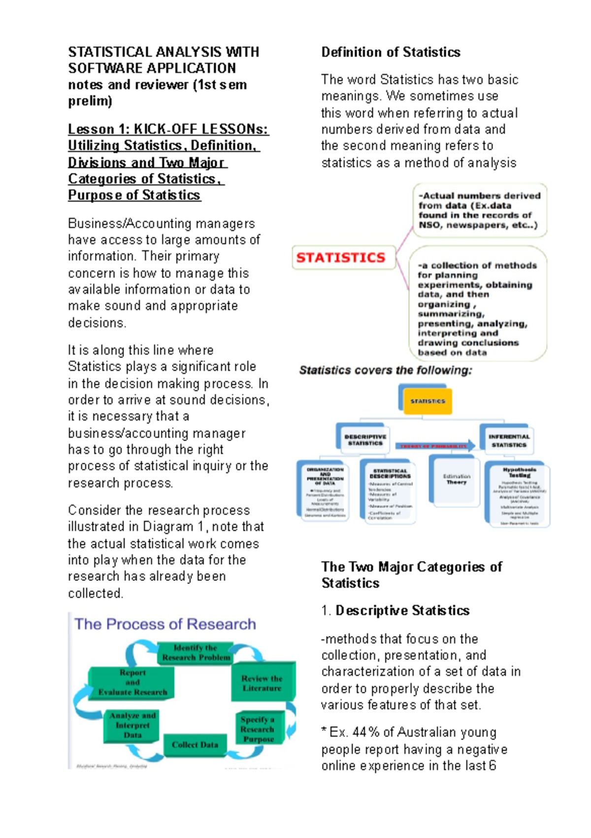 Statistical Analysis and Software Application Notes (1st Sem Prelims ...