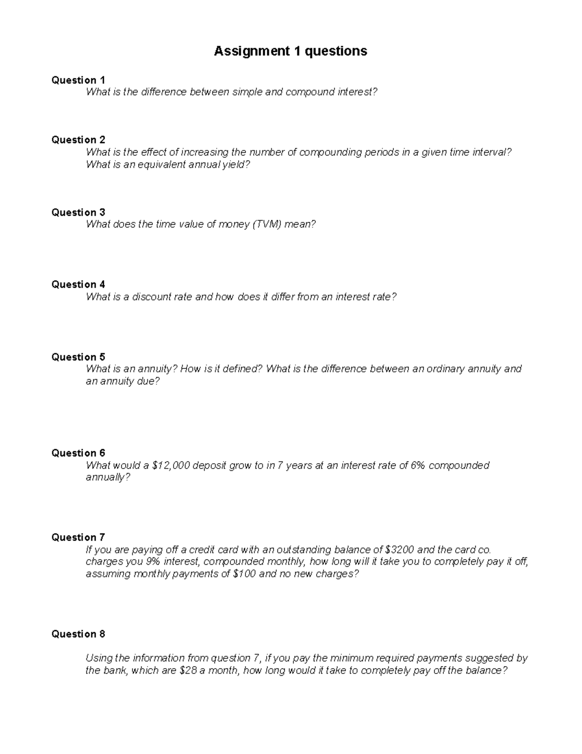 Finance Assignment 1: Key Questions on Interest & Time Value of Money ...
