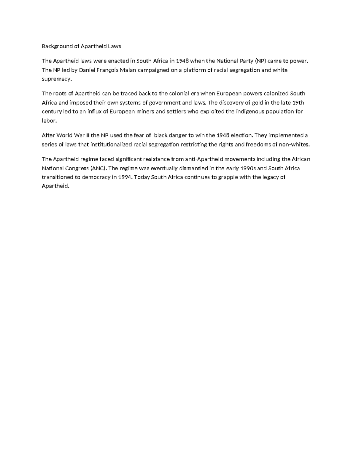 Background of Apartheid Laws - Essay Notes - Studocu