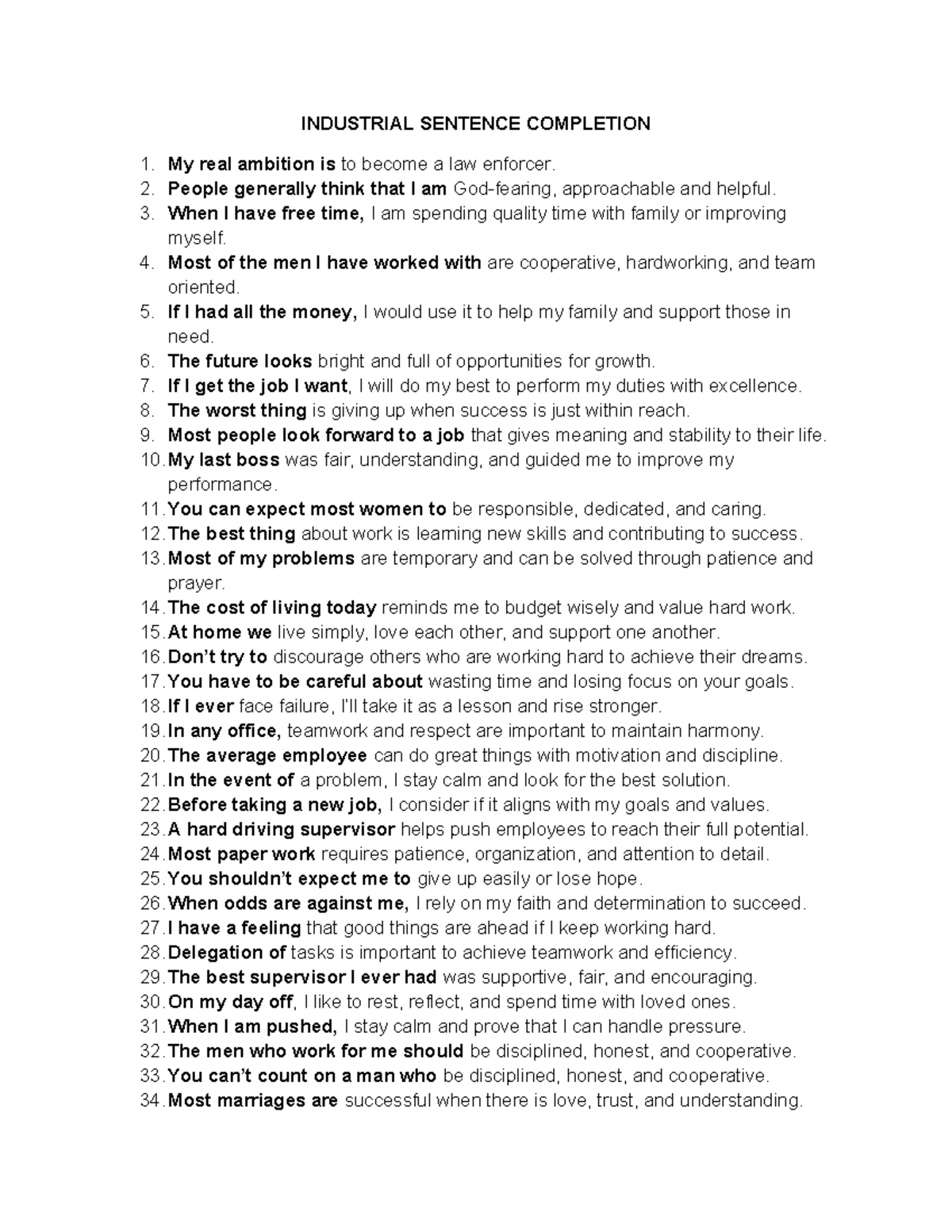 INDUSTRIAL SENTENCE COMPLETION: Insights on Work and Values - Studocu