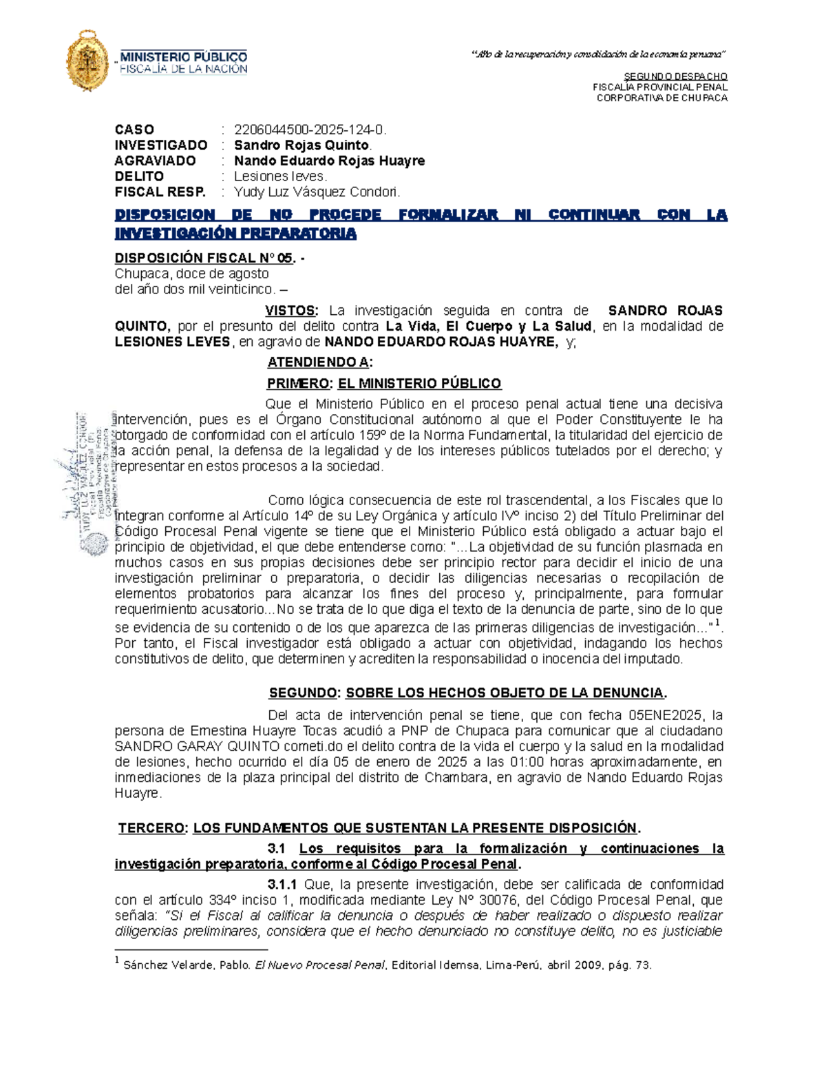 Archivo de Investigación: Lesiones Leves - Caso Sandro Rojas Quinto ...