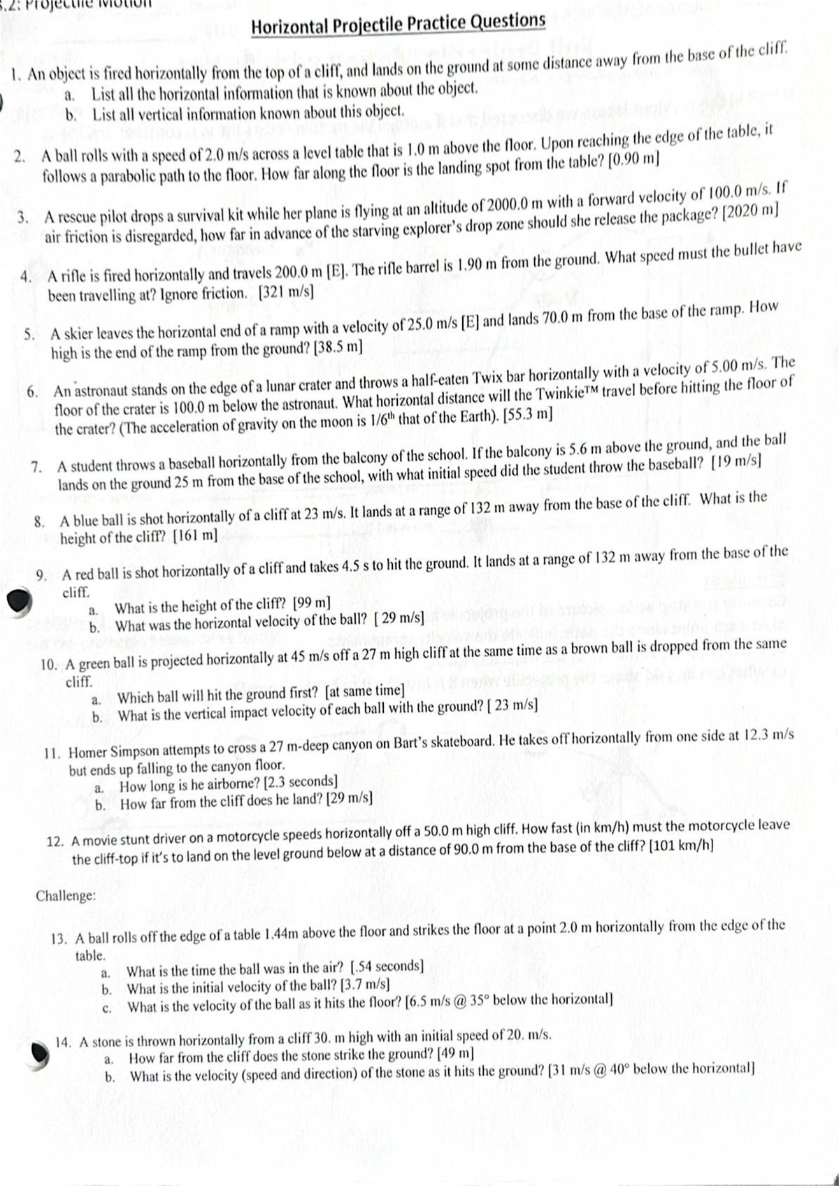 Horizontal Projectile Practice Questions for PHYS 101: Mechanics - Studocu