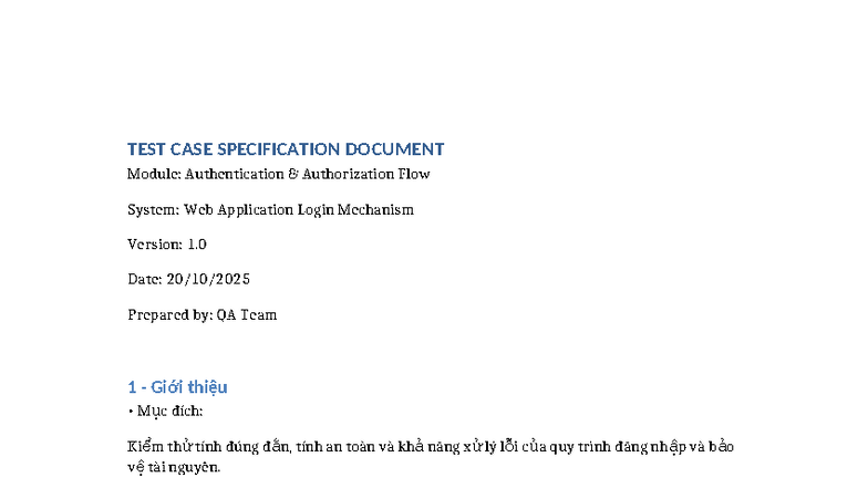 Test Case Specification Document: Auth Flow for Web App Login - Studocu