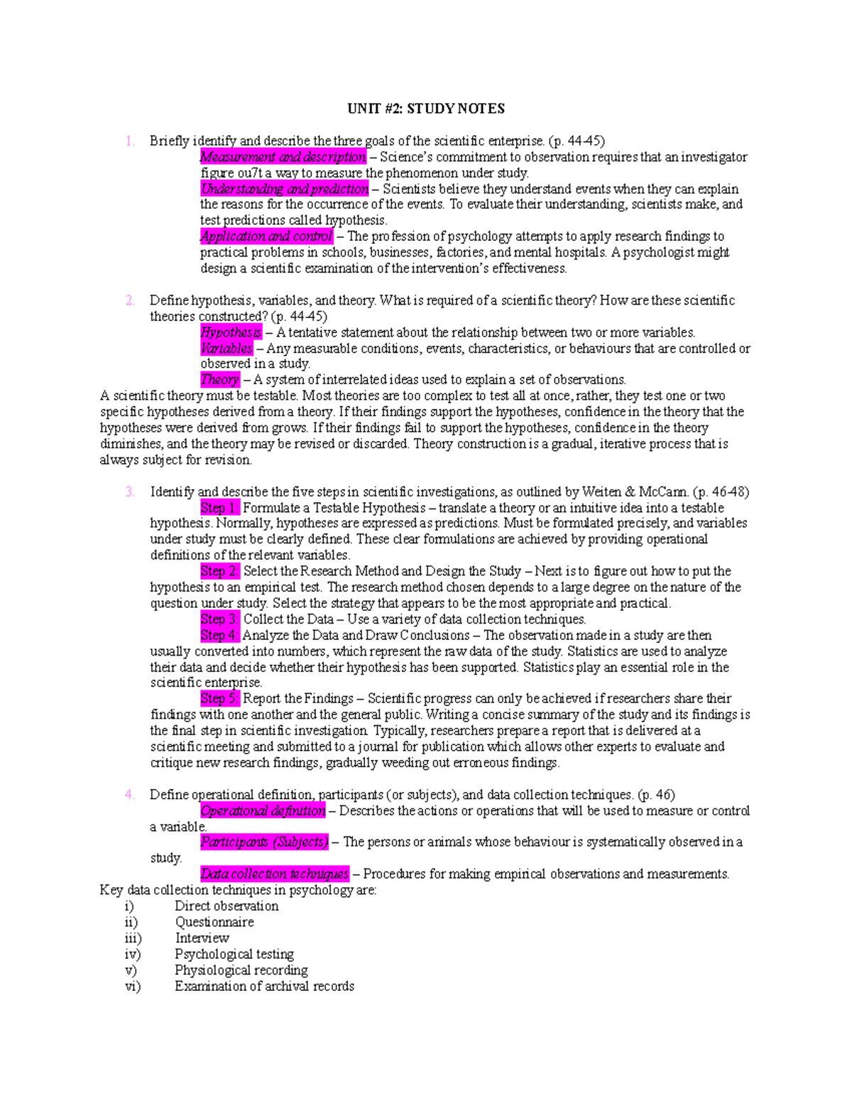 Unit 2 Study Notes: Goals, Research Methods, and Key Concepts in ...