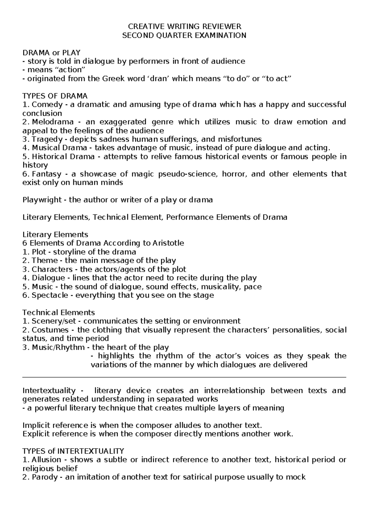 CW - Creative Writing Reviewer: 2nd Quarter Exam on Drama - Studocu