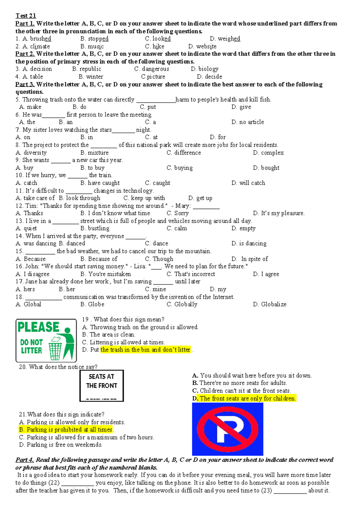 TEST 21 - Pronunciation and Stress Practice Questions - Studocu