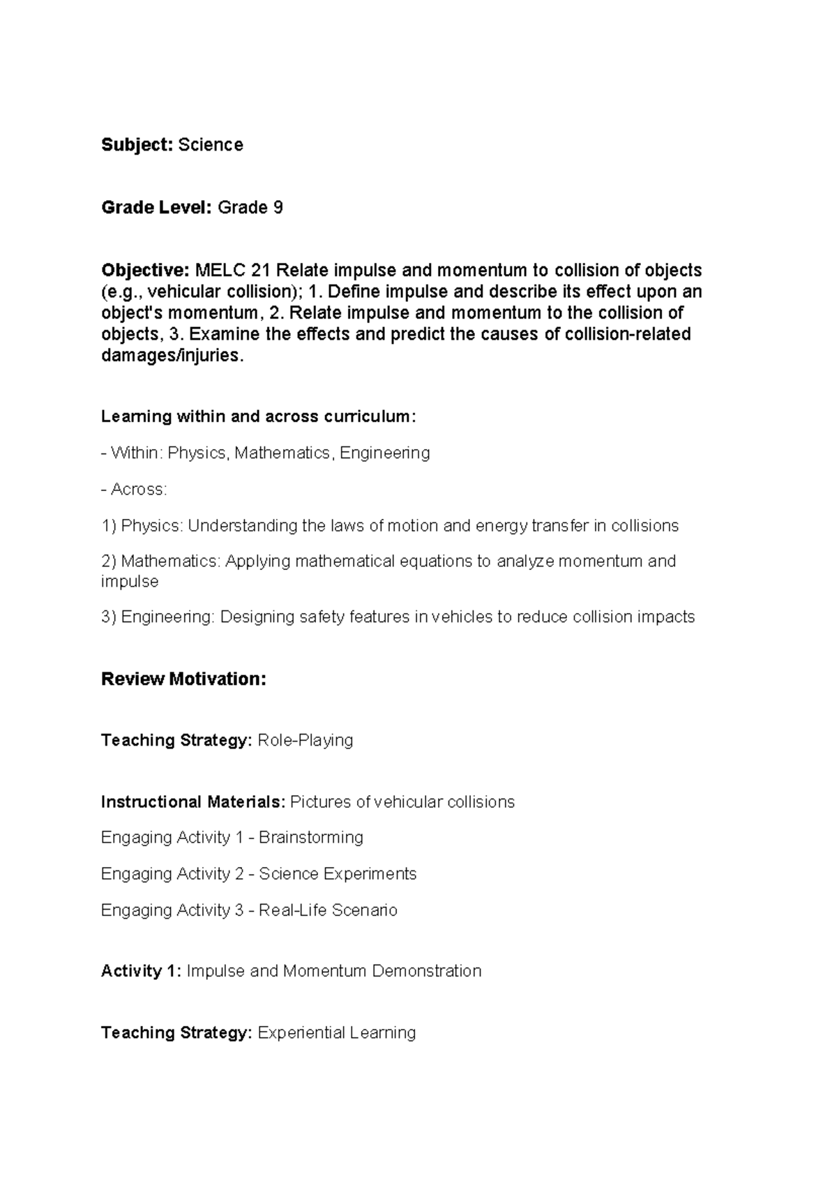 Science Lesson Plan: Understanding Impulse and Momentum in Collisions ...