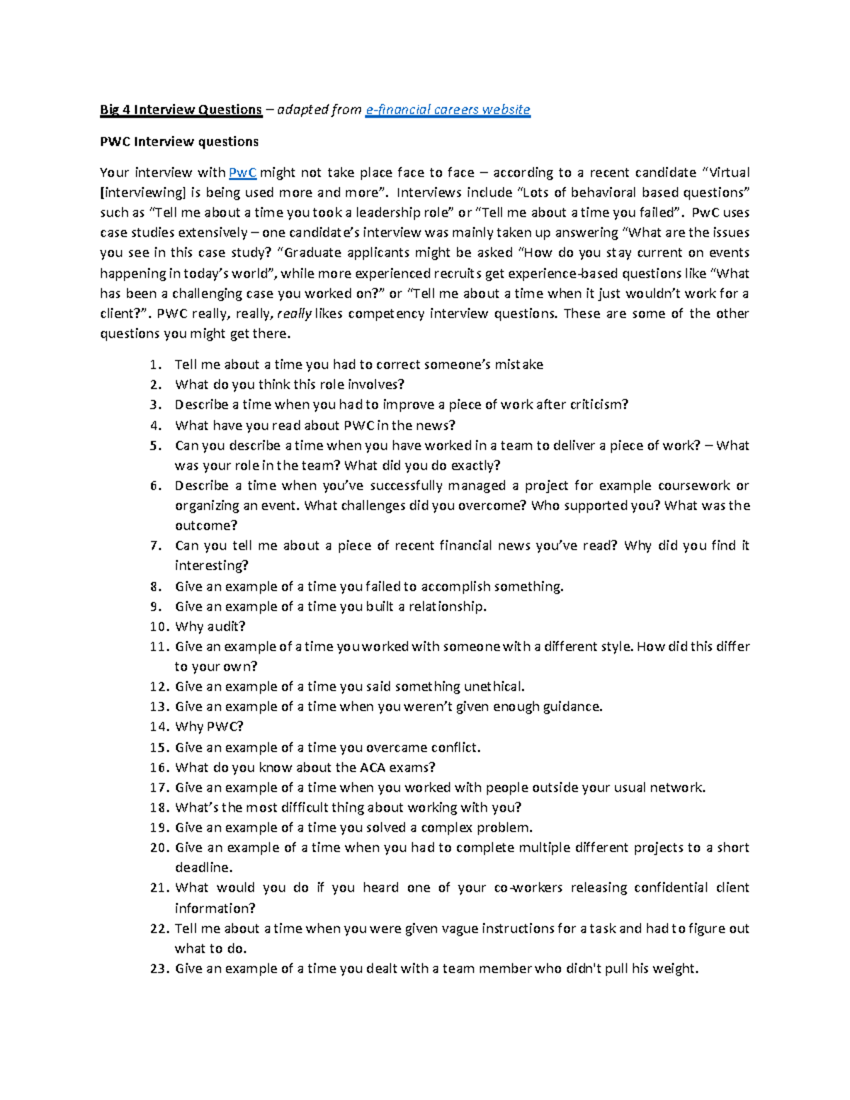 Big 4 Interview Questions: Insights from PwC, Deloitte, and EY - Studocu