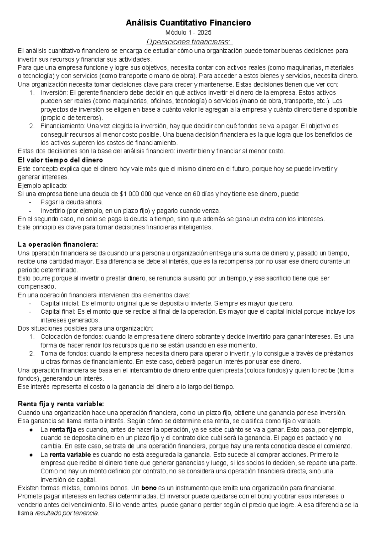 Análisis Cuantitativo Financiero Módulo 1 - Primer Parcial 2025 - Studocu
