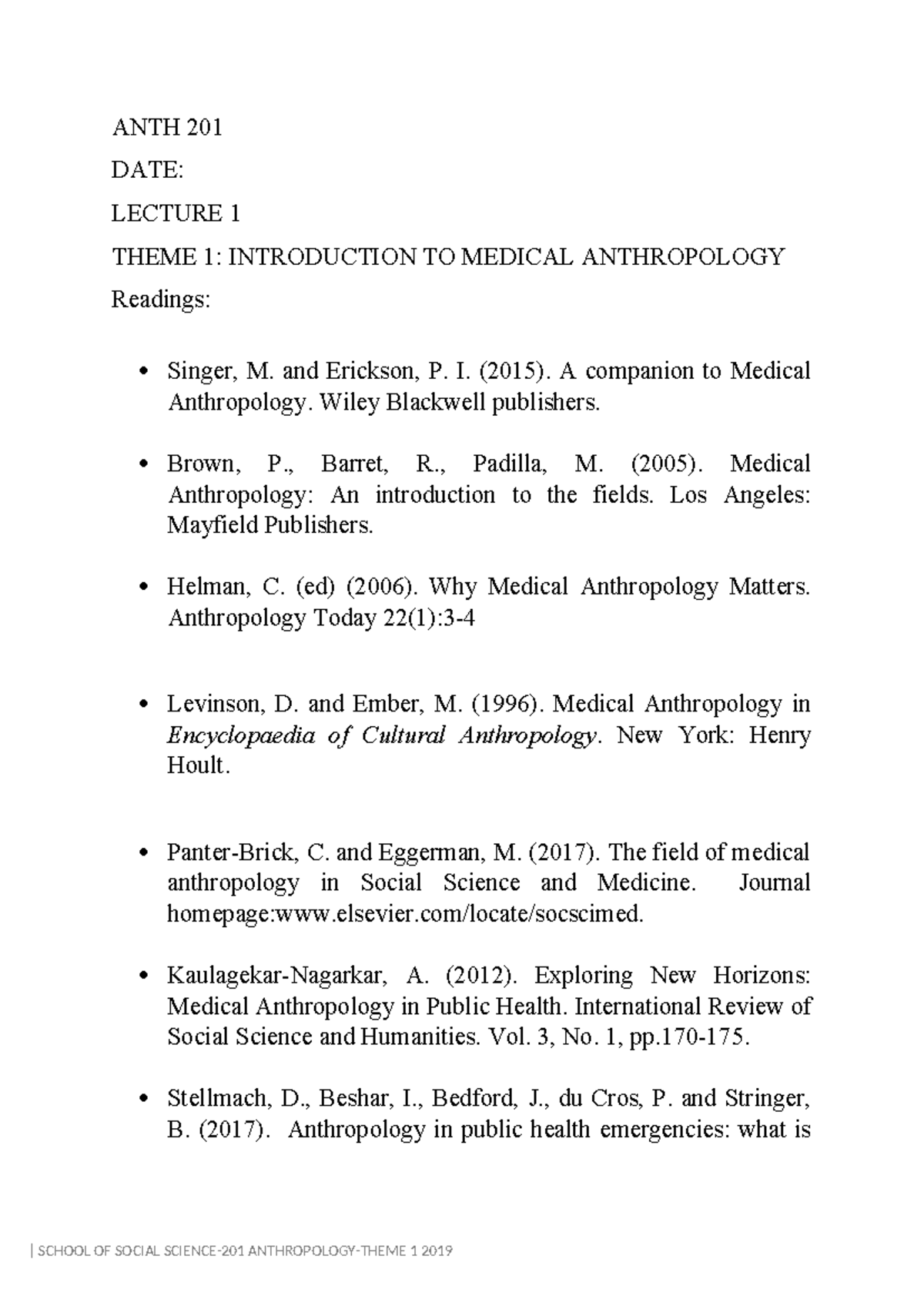 ANTH 201 Lecture 1: Intro to Medical Anthropology Theme 1 Notes - Studocu