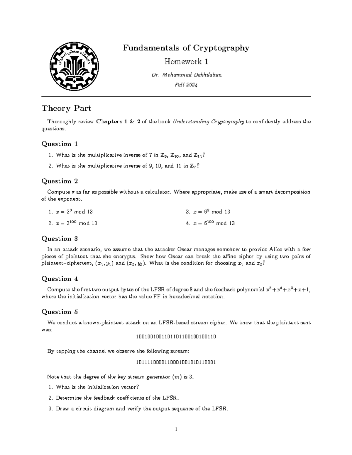 HW1: Fundamentals of Cryptography & Key Questions (Fall 2024) - Studocu