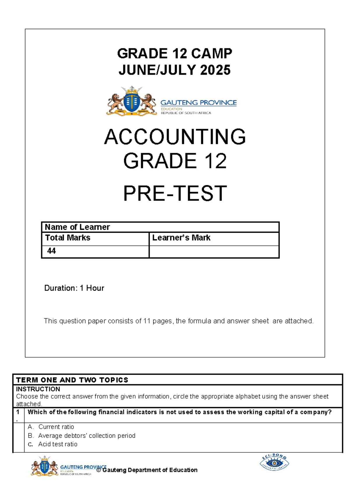 GRADE 12 ACCOUNTING PRE-TEST - JUNE CAMP 2025 - Studocu