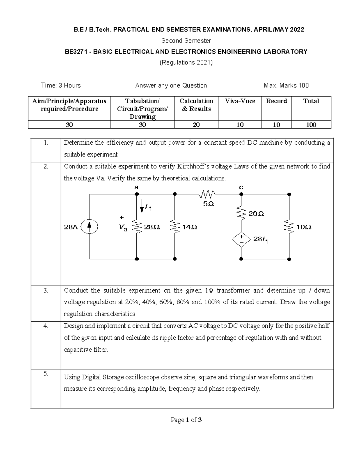 BE3271 Basic Electrical & Electronics Engg Lab Final Exam 2022 - Studocu