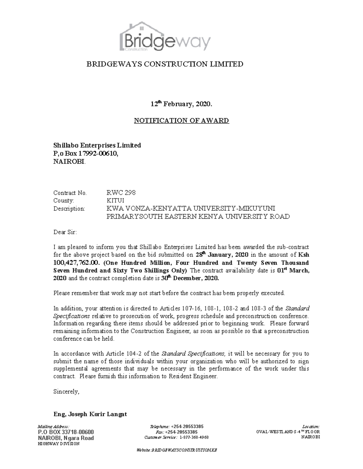 Subcontract Award Notification for RWC 298 - February 2020 - Studocu