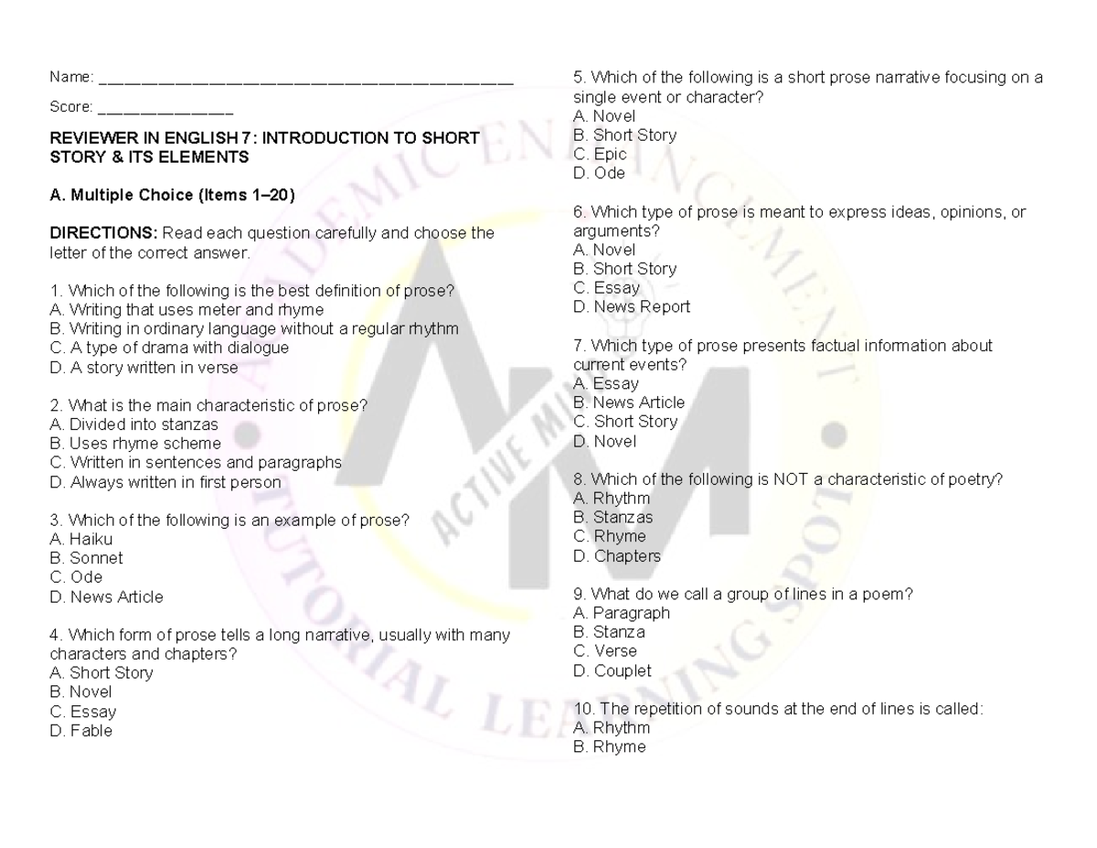 ENG. 7: Short Story Elements & Prose Review Quiz - Studocu