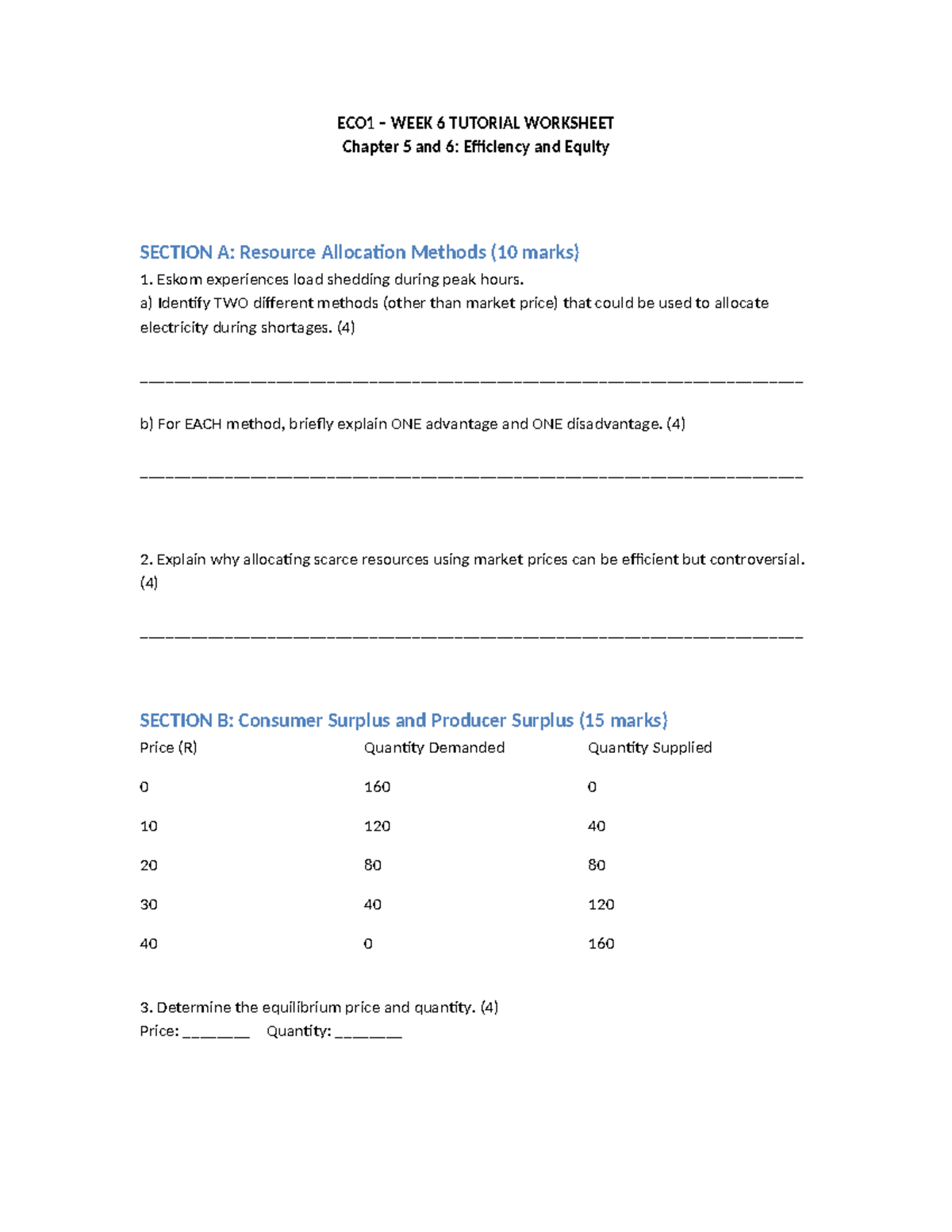 ECO1 WEEK 6 TUTORIAL: Resource Allocation & Surplus Analysis - Studocu