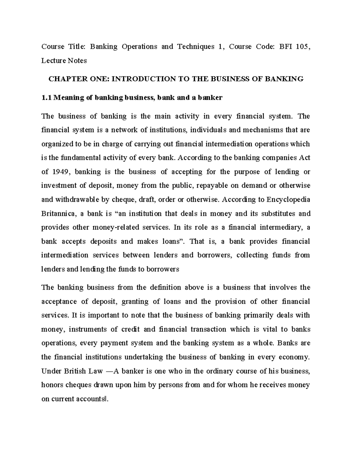 BFI 105 Lecture Notes: Chapter 1 - Introduction to Banking Operations ...