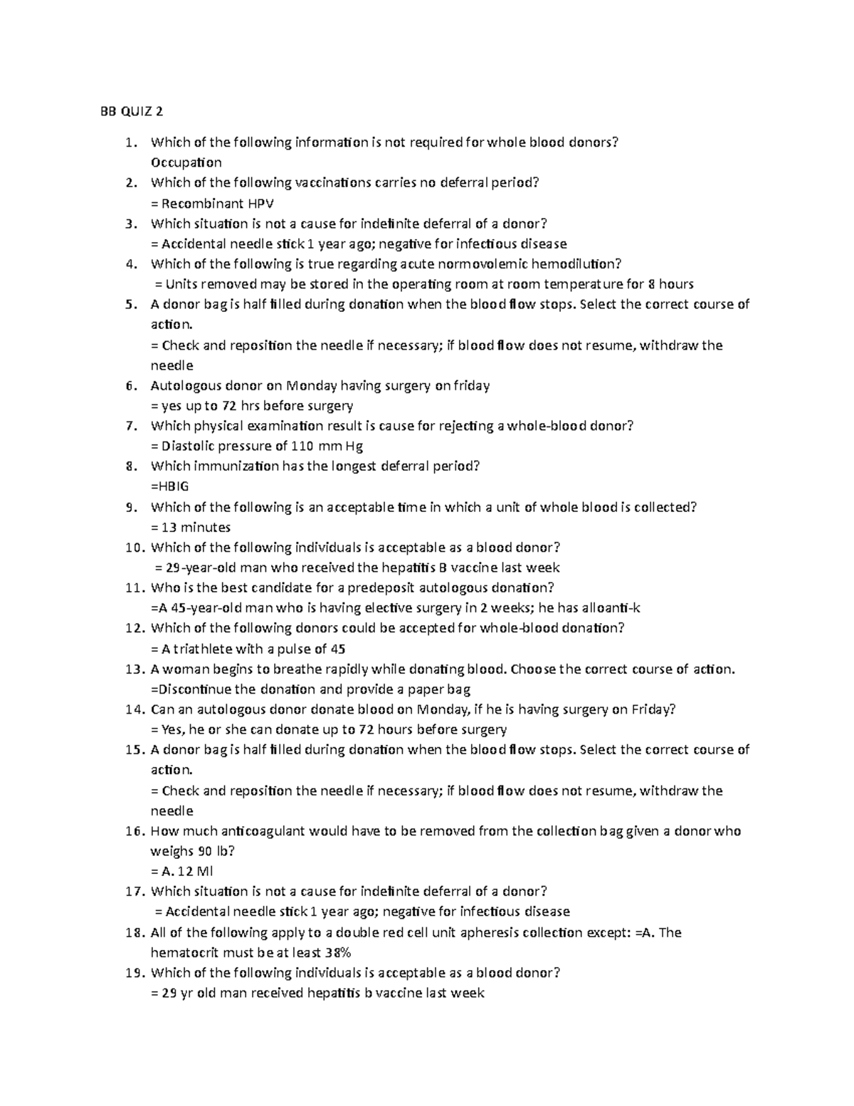 BB QUIZ 2 Prelims 2021: Key Blood Donation Concepts and Practices - Studocu