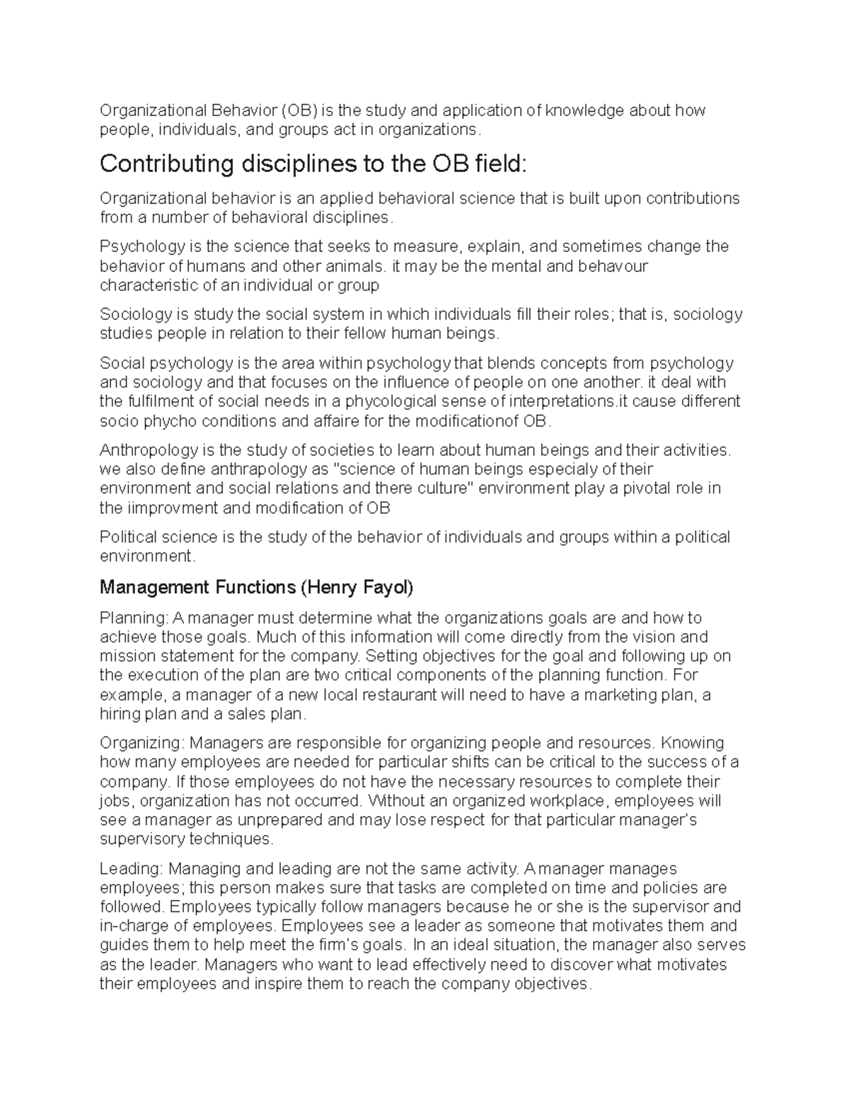 Organizational Behavior Overview and Management Insights (OB) - Studocu