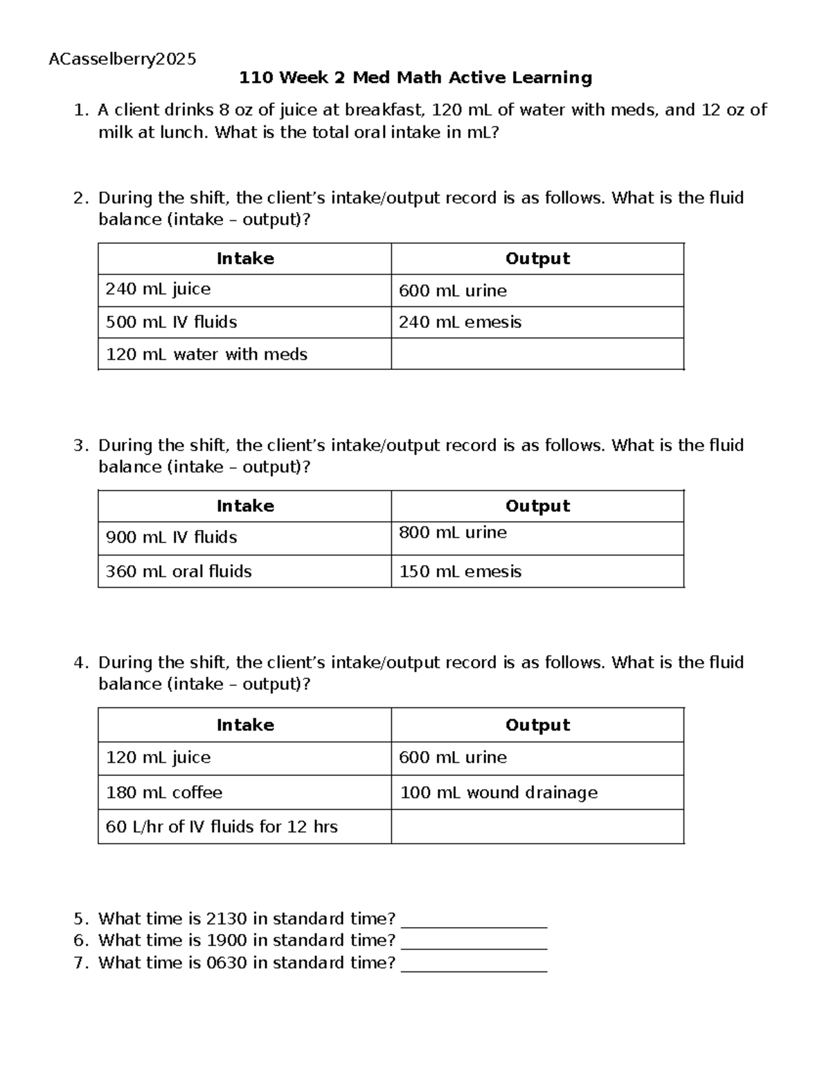 110 Week 2 Med Math Active Learning: Fluid Intake & Output Calculations ...