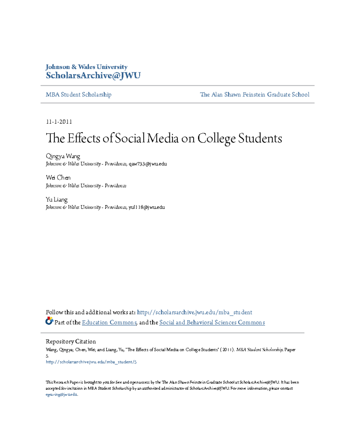 The Effects of Social Media on College S - Johnson & Wales University ...