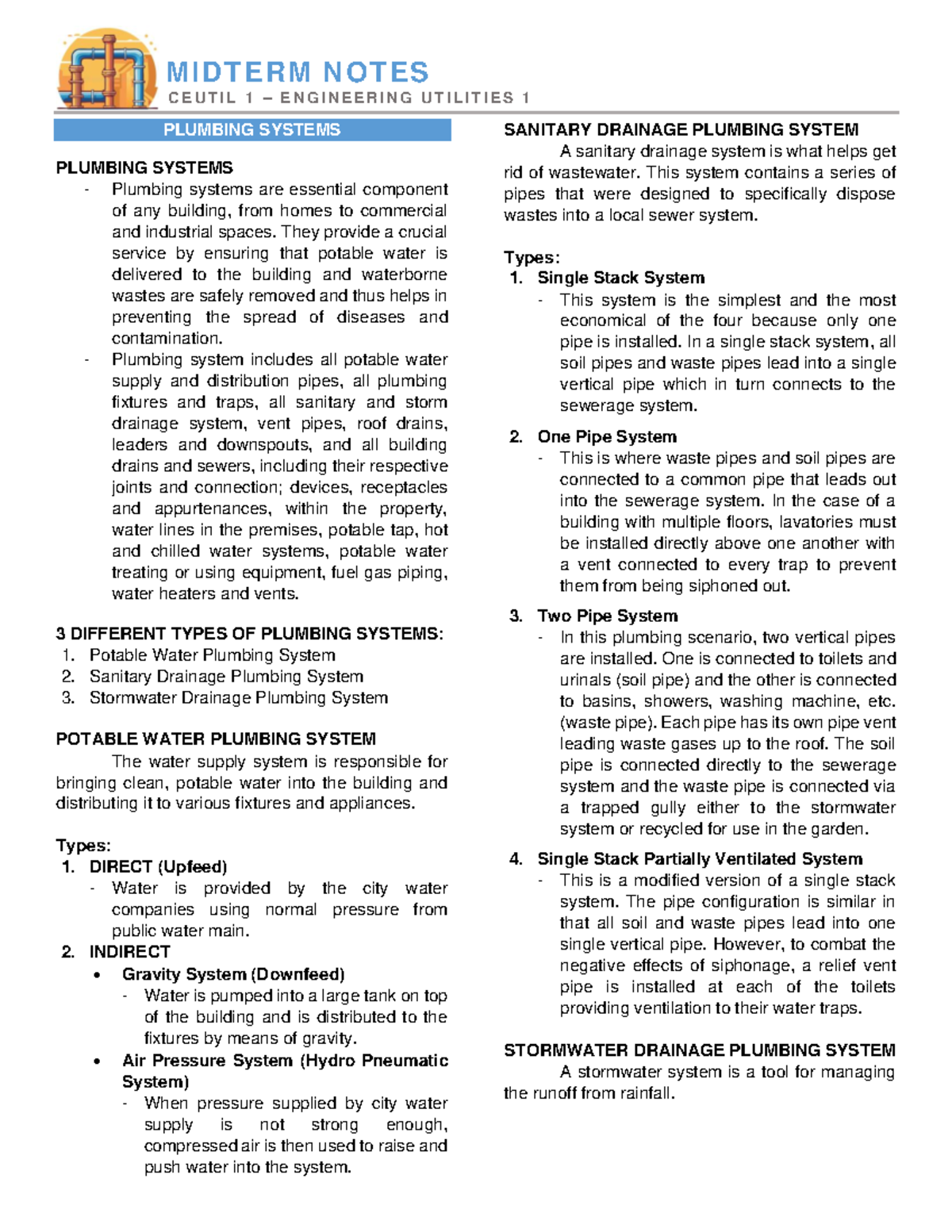 MIDTERM NOTES CEUTIL 1: PLUMBING SYSTEMS AND WATER SUPPLY DESIGN - Studocu