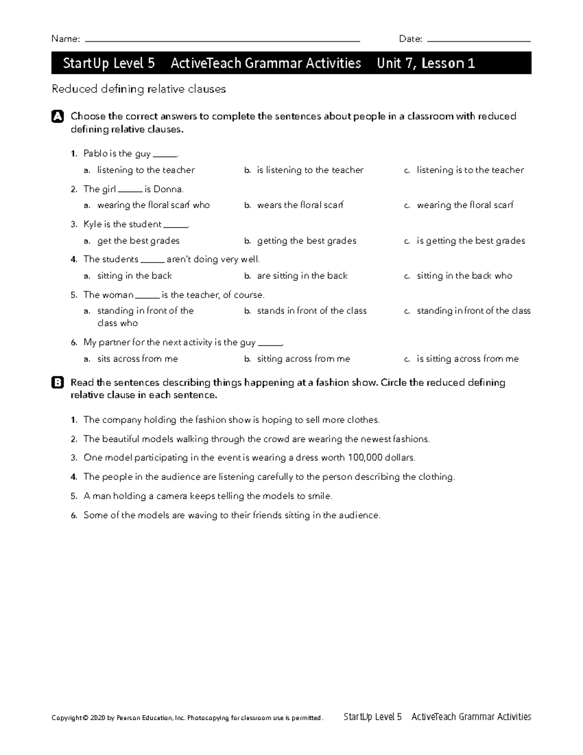 StartUp Level 5 Grammar Activities: Unit 7 Lessons 1 & 2 - Studocu