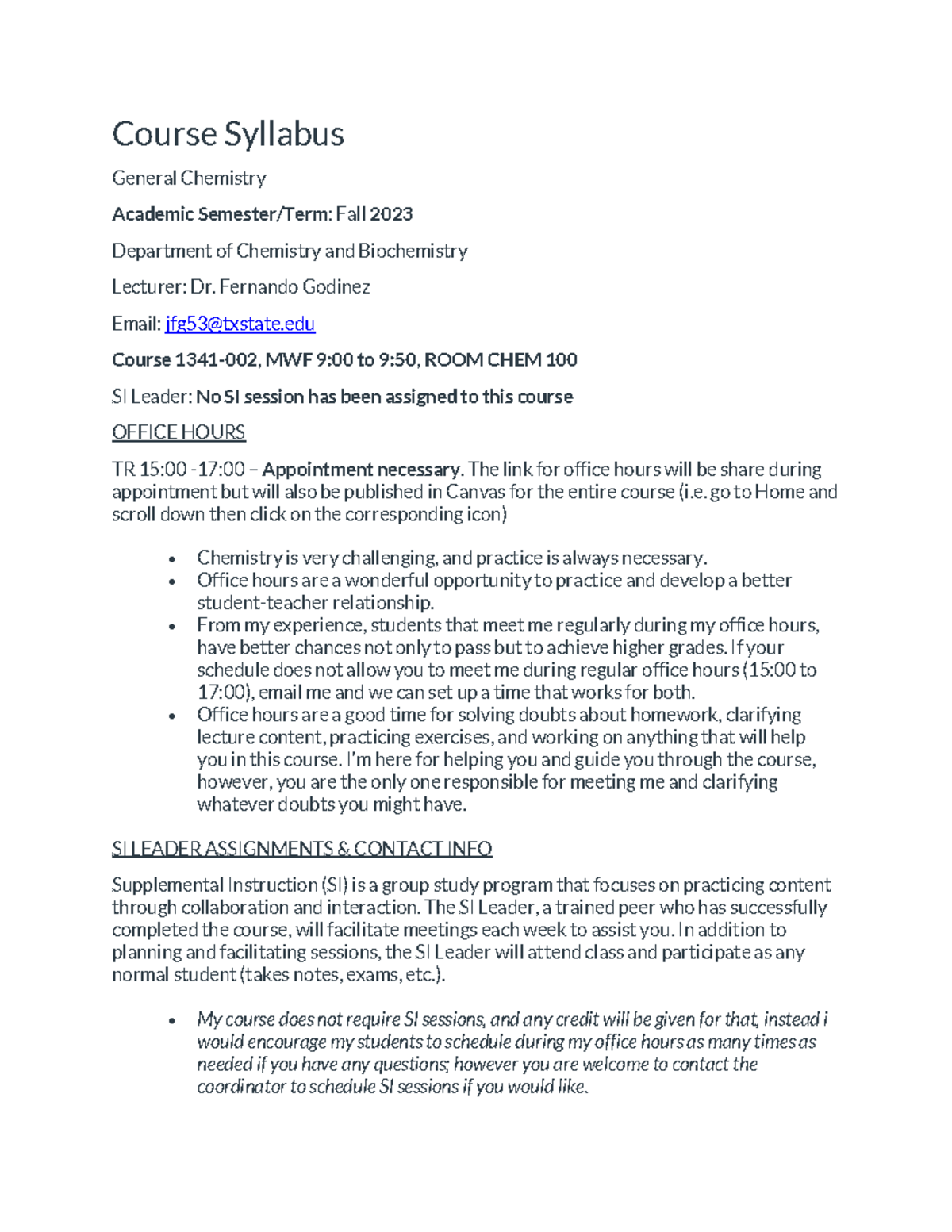 CHEM-1341 Fall 2023 General Chemistry Course Syllabus - Studocu