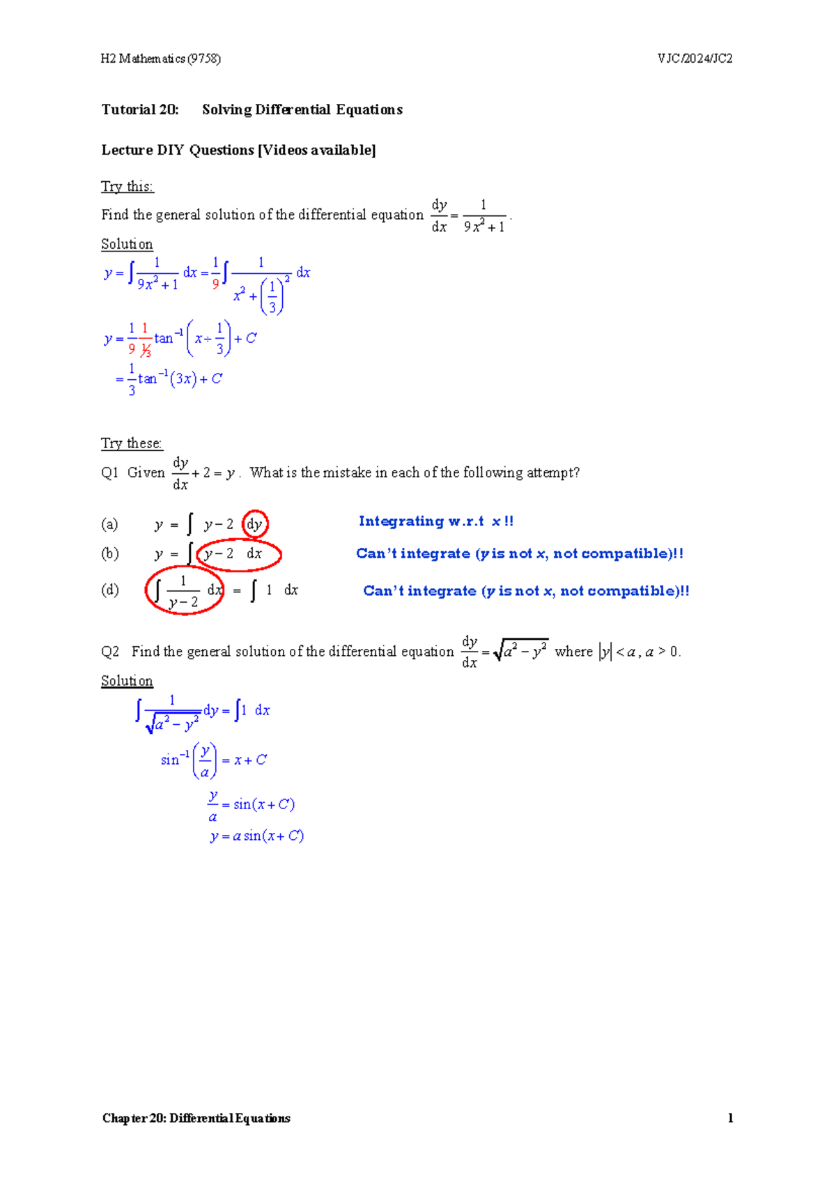 H2 Mathematics (9758) Tutorial 20: Differential Equations Solutions ...