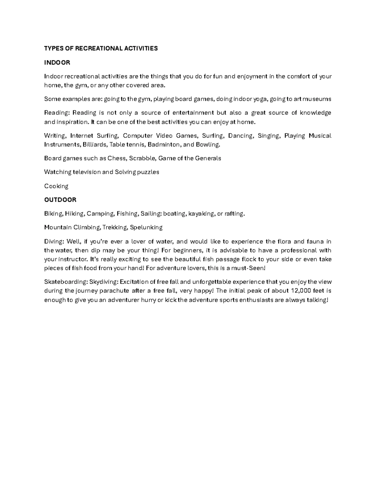 PE Notes: Benefits of Outdoor Activities for Personal Development - Studocu