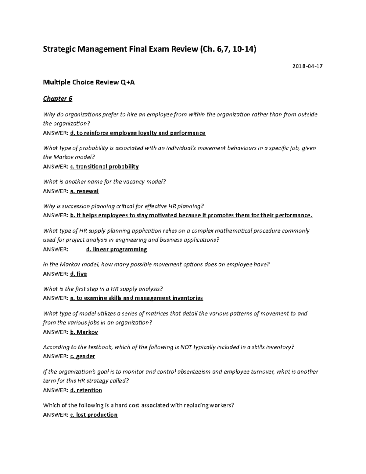 Strategic Management Final Exam Review (Ch. 6-7, 10-11) Q&A - Studocu