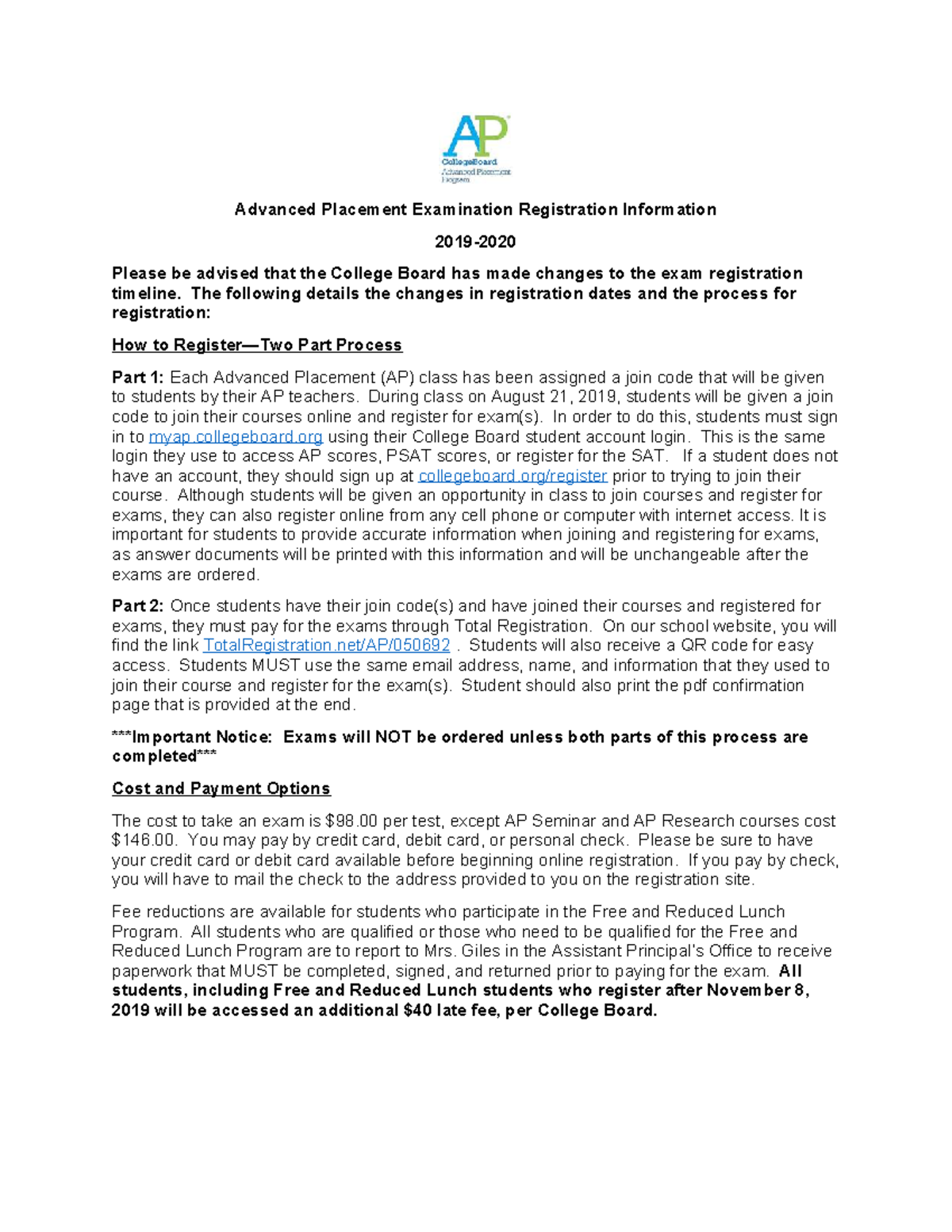 2019-2020 AP Exam Registration Info & Process Updates - Studocu