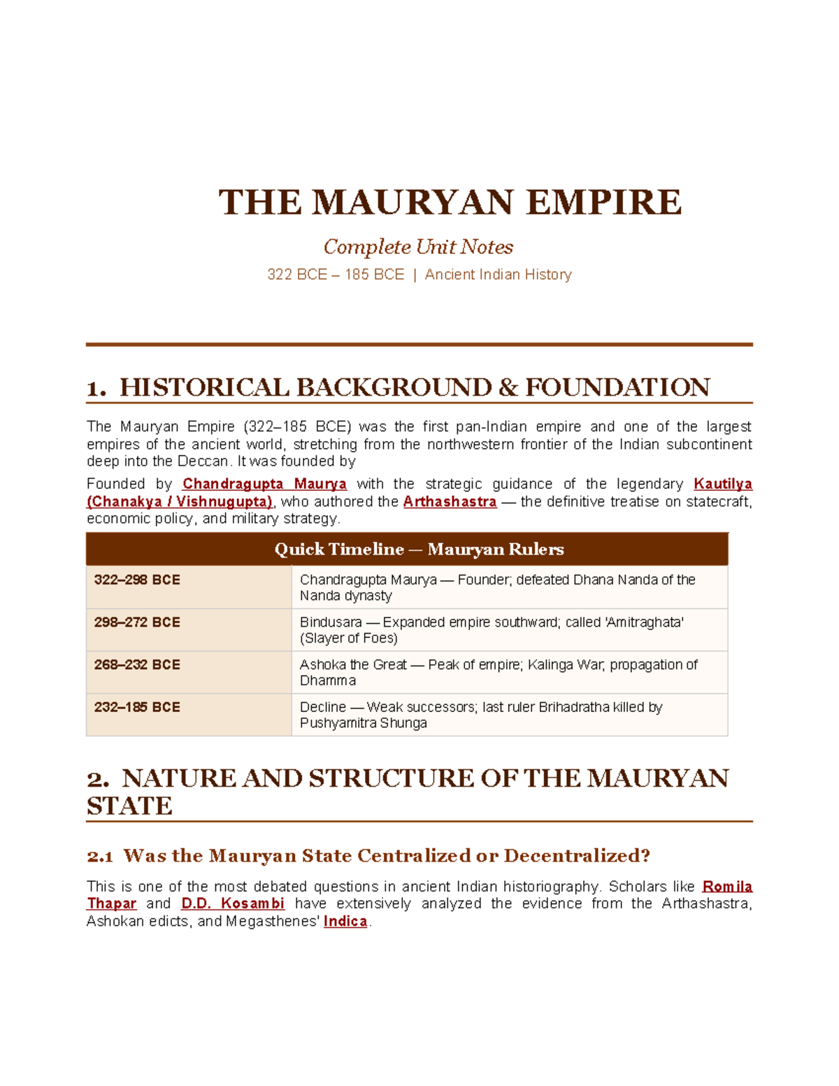 Mauryan Empire (322-185 BCE) Unit Notes - Ancient Indian History - Studocu