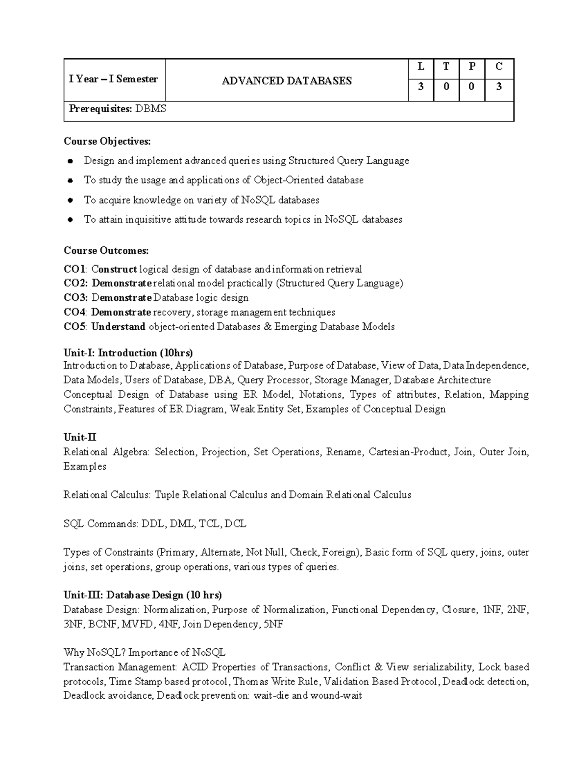 M Tech 1st Sem Syllabus: Advanced Databases and Distributed Systems ...