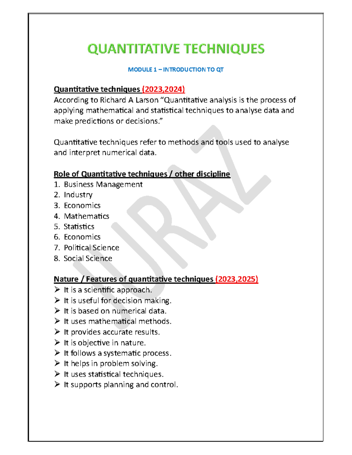 QT 101 - Module 1: Introduction to Quantitative Techniques (2023-2024 ...