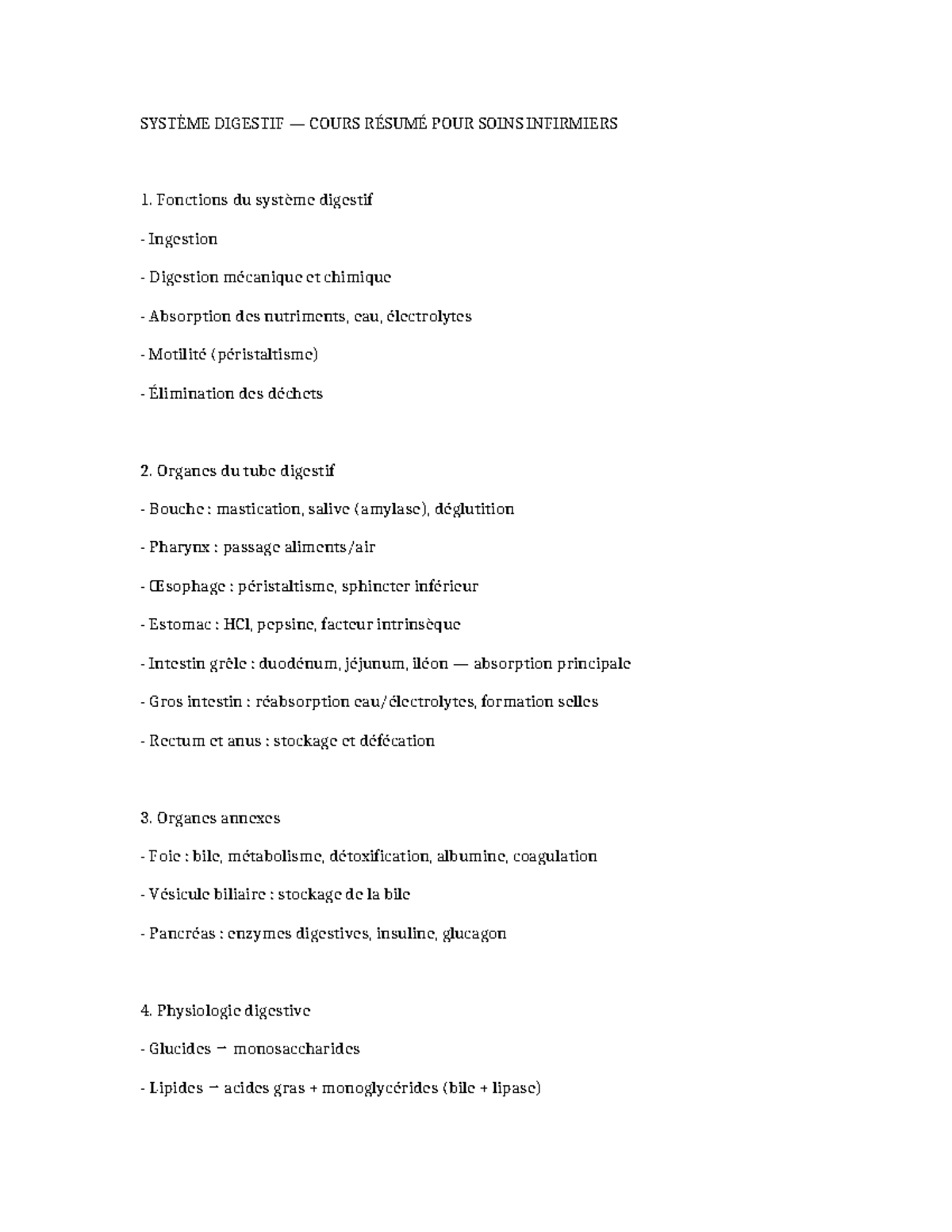 SYSTÈME DIGESTIF : RÉSUMÉ POUR SOINS INFIRMIERS 1 - Studocu