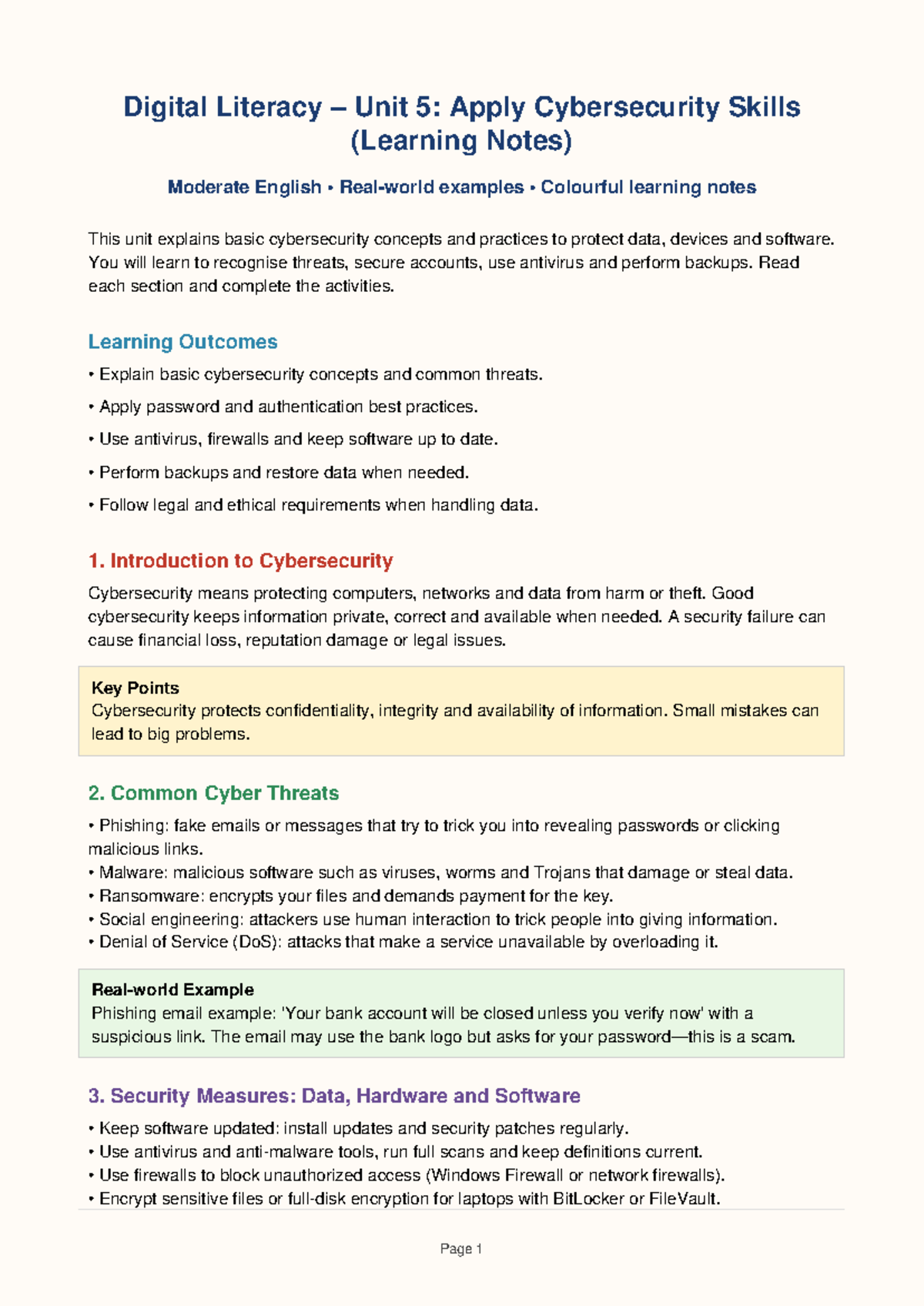Digital Literacy Unit 5: Cybersecurity Skills Learning Notes - Studocu