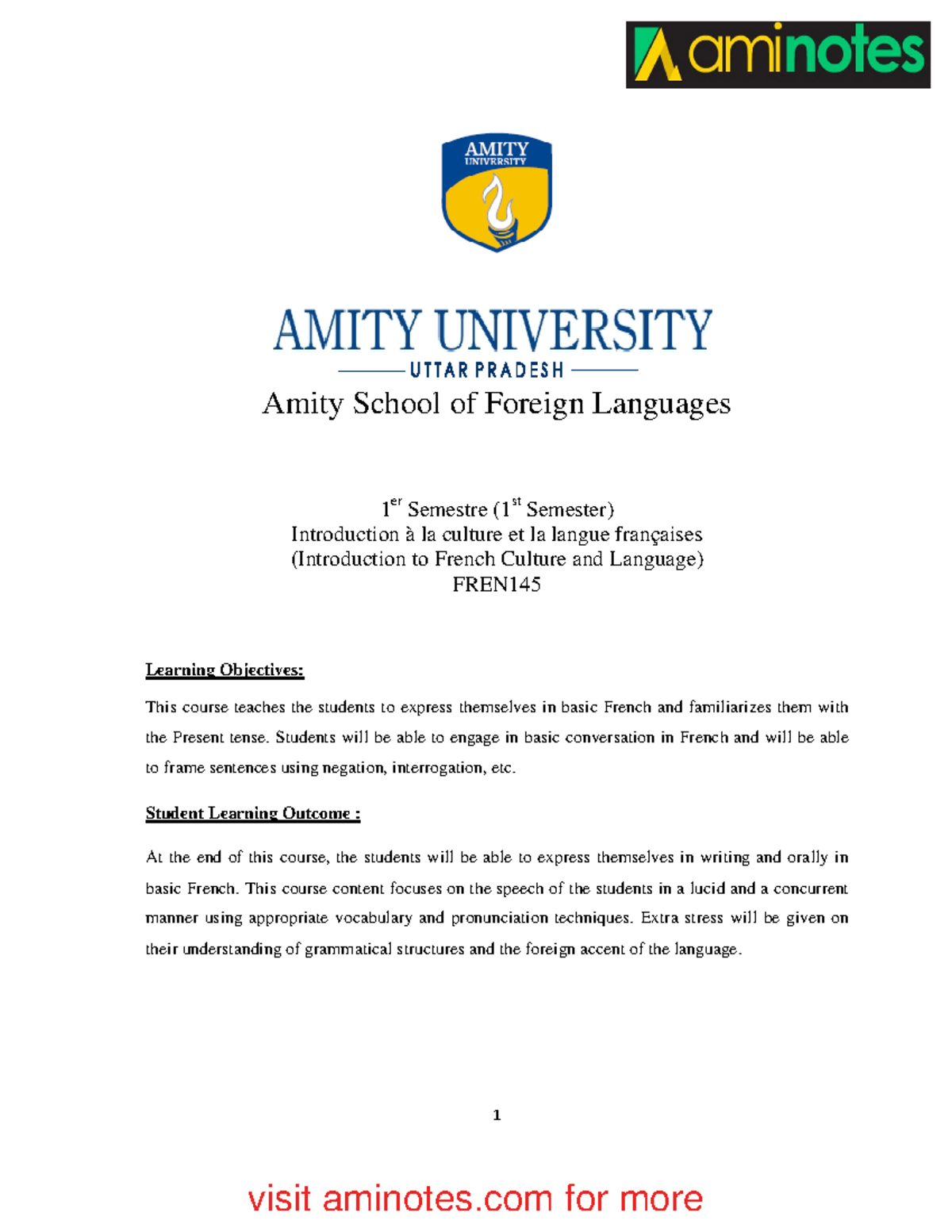 Aminotes french - 1 Amity School of Foreign Languages 1 er Semestre ...