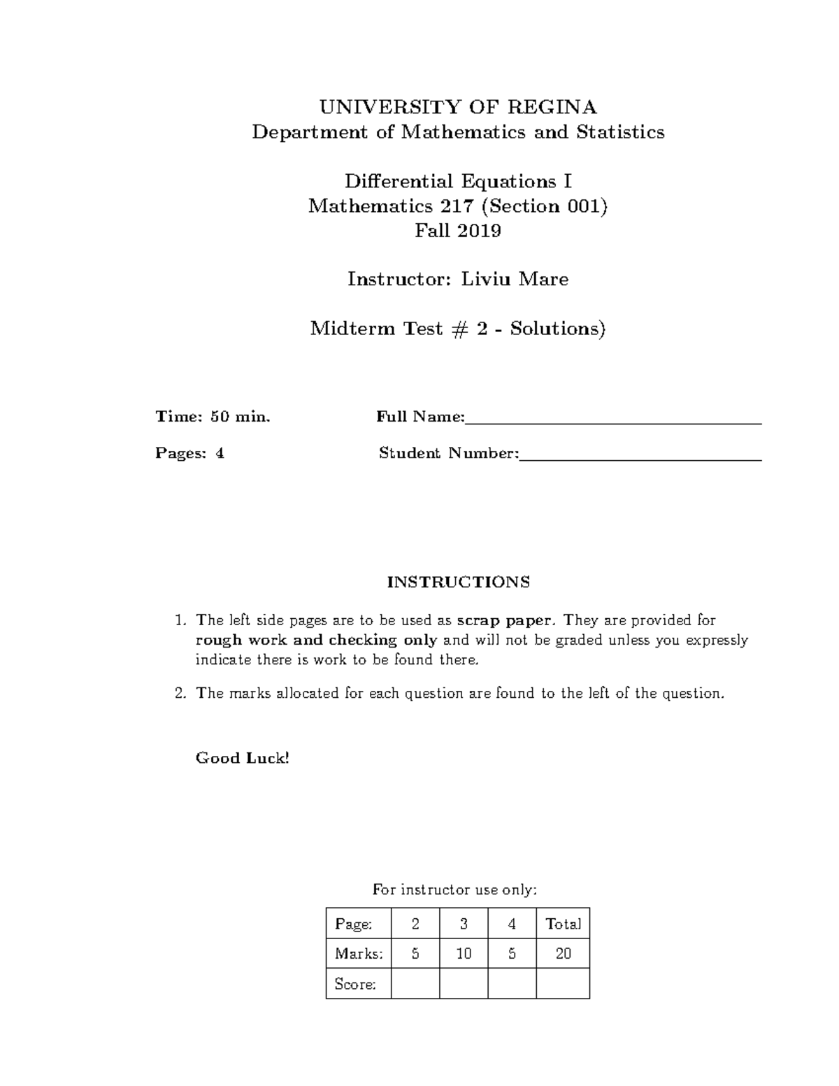 MATH 217 Midterm 2 Solutions - Differential Equations I - Studocu