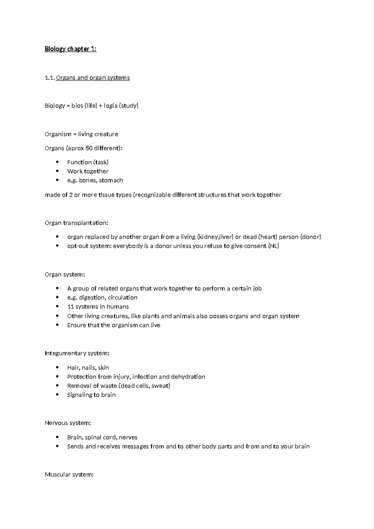 Biology Summary Chapter 1: Organs and Organ Systems Overview - Studeersnel