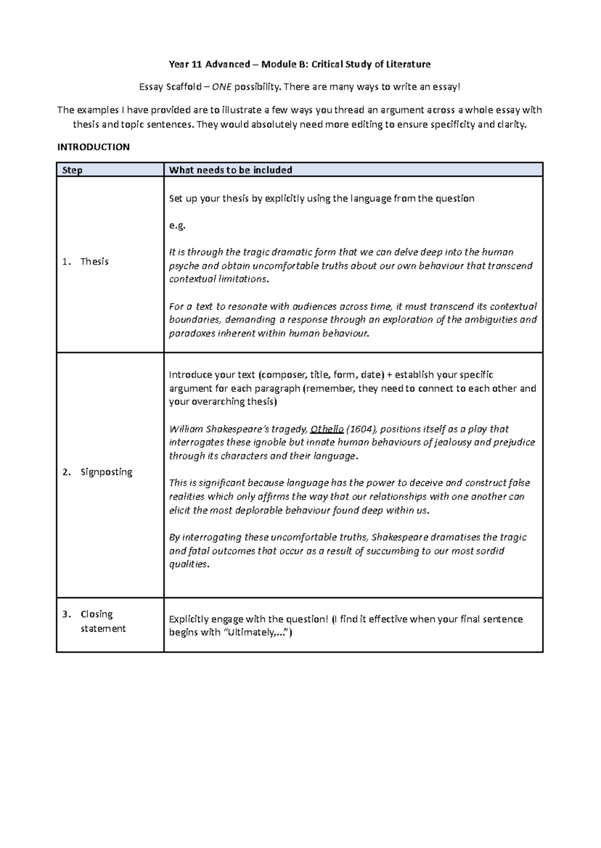 Year 11 Adv. English Essay Scaffold: Critical Study of Othello - Studocu
