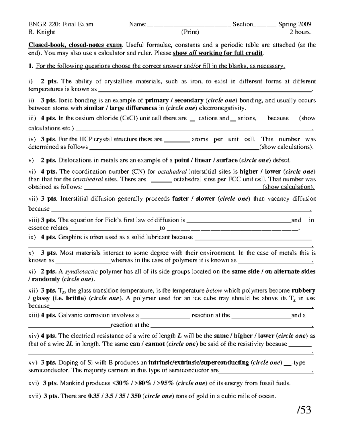 ENGR 220 Sample Final Exam Review with Key Concepts and Problems - Studocu