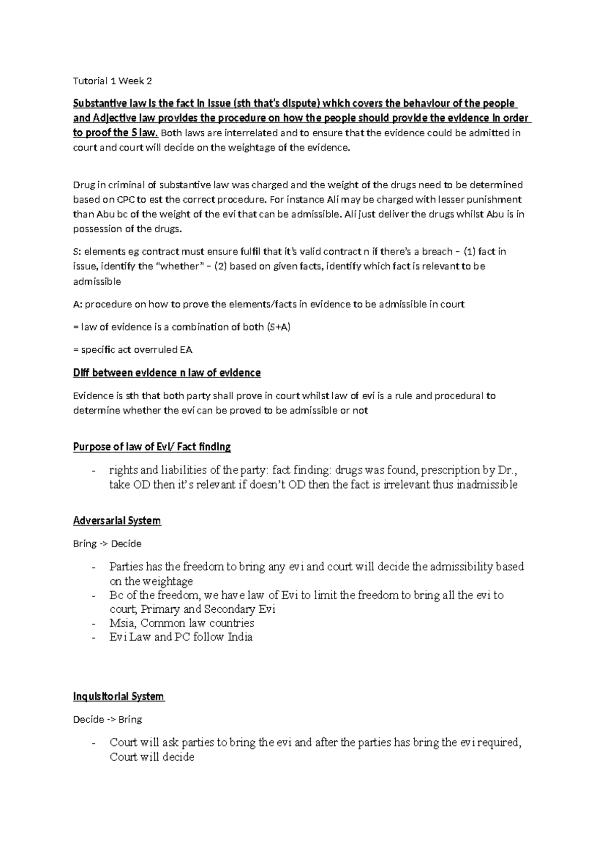 C1 Tutorial 1 - Understanding Substantive and Adjective Law in Evidence ...