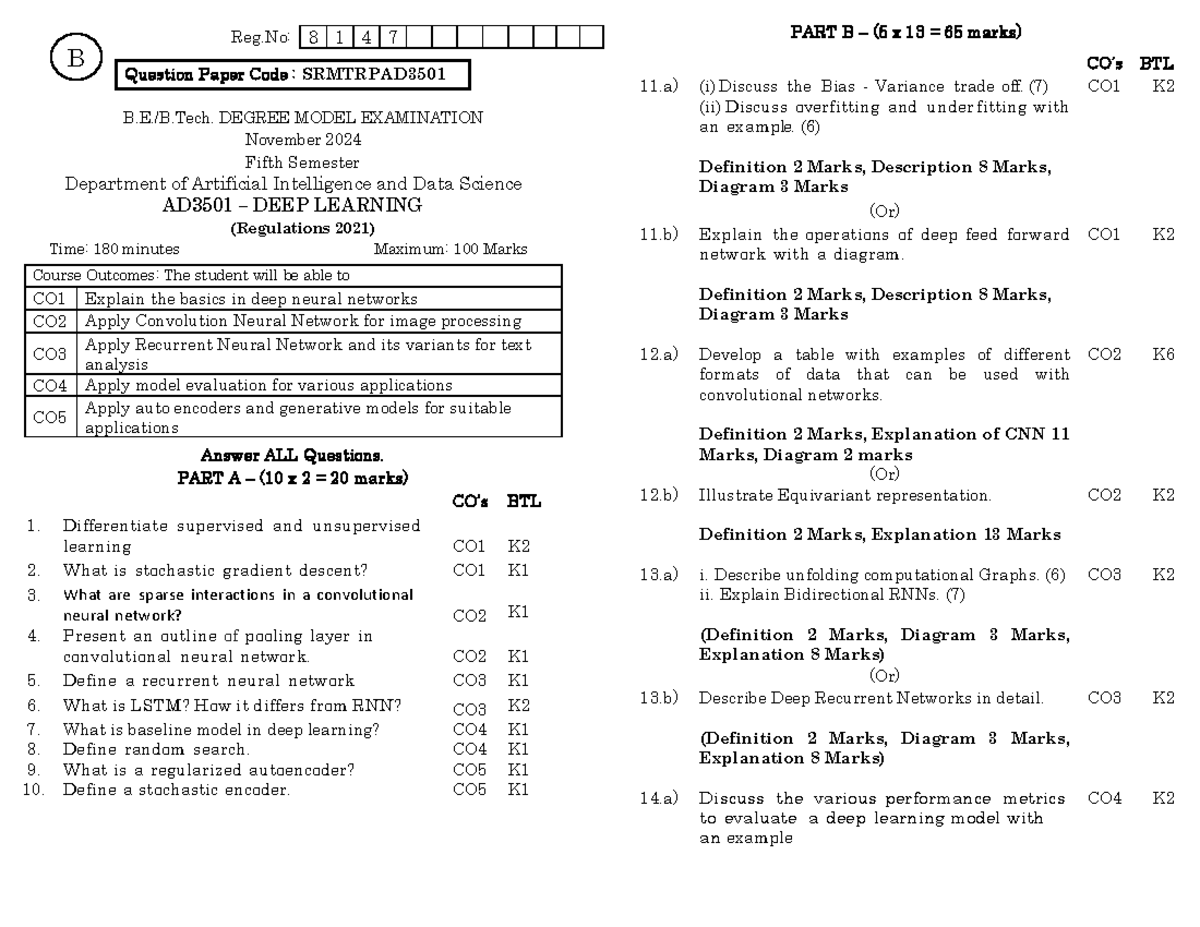 AD3501-DL Model question SET B - Question Paper Code : SRMTRPAD3 501 B ...