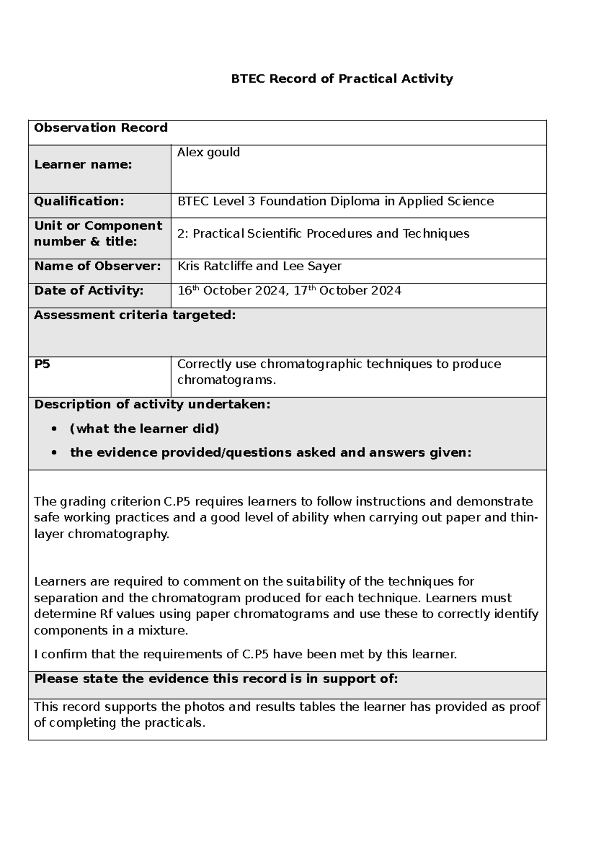 BTEC Level 3 Practical Activity Observation Record - Oct 2024 - Studocu
