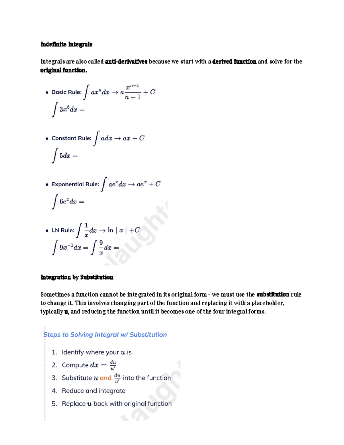 MATH 101: Overview of Indefinite Integrals and Integration Techniques ...