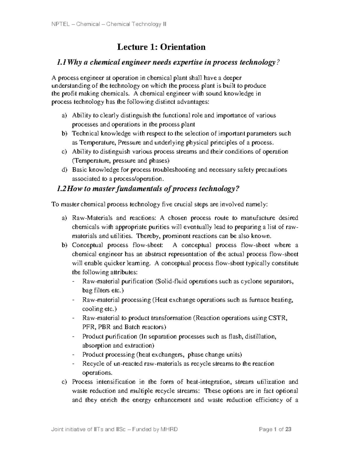 NPTEL Chemical Technology II Lecture 1: Mastering Process Technology ...